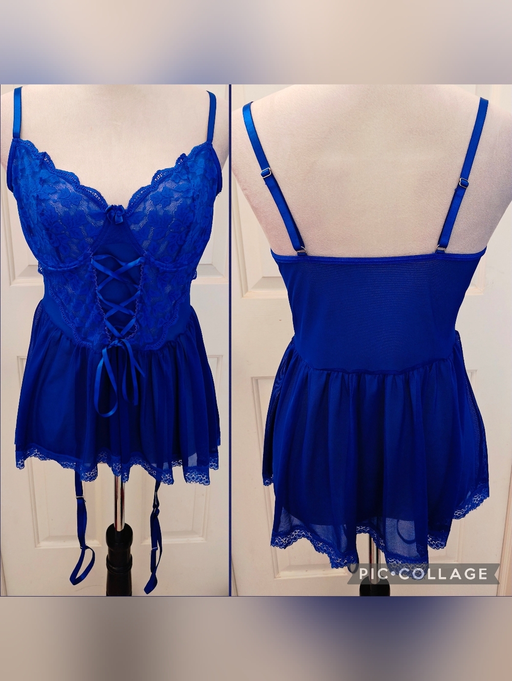 Sophie & Olivia Nova Babydoll Lingerie Slip Dress w Corset Lace Up & Garters.